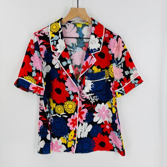 Alice + Olivia Size L Floral Pajama Style Button Down Shirt Multicolor Top - Picture 1 of 7